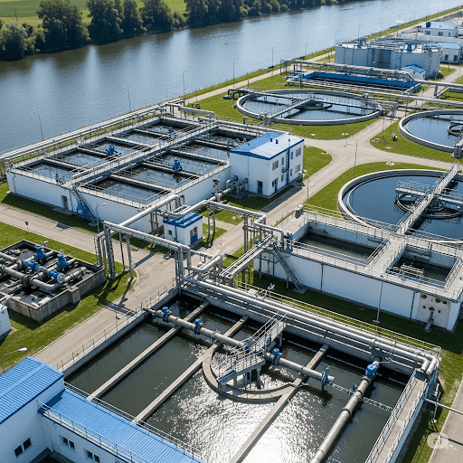 A wide aerial shot shows a sprawling water treatment plant. The plant consists of numerous large, rectangular and circular concrete basins filled with varying shades of water, interconnected by a network of pipes and walkways