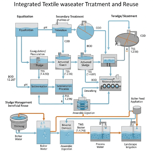 A comprehensive technical diagram illustrating the integrated system for textile wastewater treatment and reuse. The diagram meticulously depicts the wastewater flow through primary, secondary, and tertiary/advanced treatment stages, including equalization tanks, coagulation/flocculation units, sedimentation basins, activated sludge processes, and a reverse osmosis system. It also showcases the sludge management process, including thickening, dewatering, and disposal or beneficial reuse options, like anaerobic digestion. The diagram clearly illustrates the reuse of treated water for various applications within the textile industry, such as boiler feed water, process water, and landscape irrigation. Each stage is clearly labelled with descriptive captions, including relevant parameters like pH, BOD, COD, and TSS at various points, providing a complete understanding of the treatment process and water reuse applications. The diagram employs a clean and concise style, enhancing readability and clarity for a technical audience.
