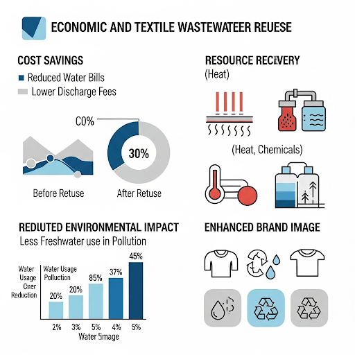 A modern and visually appealing infographic illustrating the economic and environmental benefits of textile wastewater reuse, featuring vibrant colors and clear icons. Sections include cost savings (reduced water bills, lower discharge fees) represented by a chart comparing costs before and after reuse, resource recovery (heat, chemicals) shown with icons of heat exchangers and chemical recovery systems, reduced environmental impact (less freshwater use, less pollution) with a bar graph highlighting water usage and pollution reduction, and enhanced brand image with icons signifying sustainability and eco-consciousness. Data is presented using informative charts and graphs, employing a color scheme that enhances readability and visual appeal. The design utilizes a modern aesthetic, with clean lines, clear font choices, and a balanced layout to ensure easy understanding of the information.