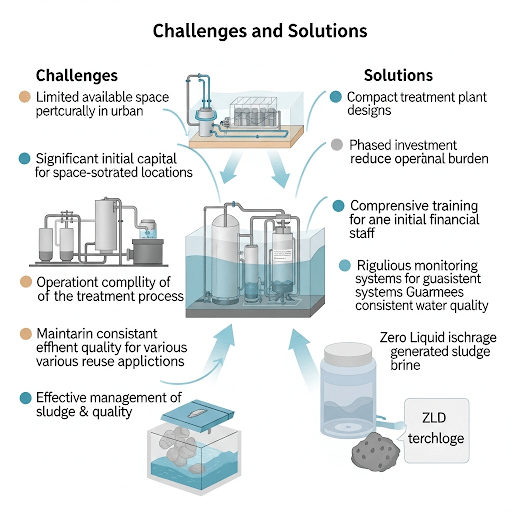 A technical diagram illustrating challenges and solutions in textile wastewater reuse, including issues like space, cost, operational complexity, and water quality consistency, with corresponding solutions such as compact designs, phased investment, and robust monitoring.