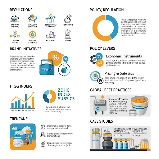 A modern and visually appealing infographic showcasing the complexities of textile wastewater management, with a focus on policy, regulation, and global best practices. It includes sections on regulations, both national and international, illustrated through a combination of icons and charts to represent different regulatory frameworks and standards. Brand initiatives, such as ZDHC and Higg Index, are depicted using visually engaging icons and data visualizations to demonstrate their role in driving sustainable practices. Policy levers, including economic instruments like pricing and subsidies, are also presented with supporting visuals like charts and icons that explain their impact on the textile industry. Global best practices are explored through case studies that highlight successful textile wastewater treatment projects, with compelling visuals and icons to represent the technologies and strategies employed. The infographic uses a clean, contemporary design aesthetic and a modern color scheme to ensure the information is easy to understand and visually engaging. The infographic intends to provide a concise, accessible, and insightful understanding of this complex topic.
