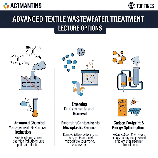 A vibrant, modern infographic summarizing three advanced textile wastewater treatment lecture options: 1) Advanced Chemical Management and Source Reduction, depicted with icons of chemical formulas and a factory with reduced emissions, representing minimizing chemical use and pollution at its source; 2) Emerging Contaminants and Microplastic Removal, illustrated with icons of microscopic contaminants and a filtration system, highlighting the removal of new pollutants and microplastics from wastewater; and 3) Carbon Footprint and Energy Optimization, visualized with icons of a carbon footprint and solar panels, emphasizing the reduction of carbon emissions and efficient energy usage in treatment processes. The infographic employs a clear, engaging design, with a bold color scheme and intuitive visual elements to communicate each option's key concepts effectively. The layout is organized and easy to follow, making the information readily digestible for a broad audience.