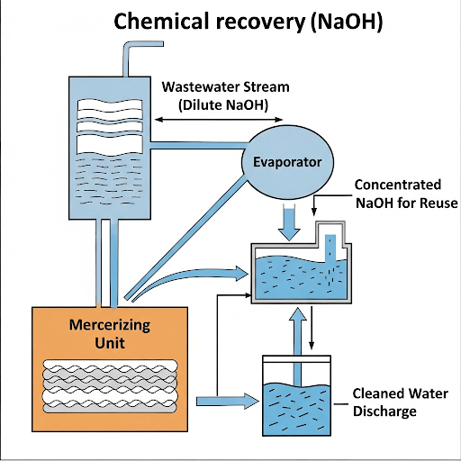 Diagram showcasing caustic soda (NaOH) recovery from textile mercerizing wastewater in a mill located in Lahore, Punjab, Pakistan, depicting the use of an evaporator to concentrate and recycle the chemical.