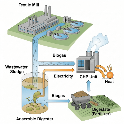 Diagram illustrating how textile wastewater sludge from a mill in Lahore, Punjab, Pakistan, undergoes anaerobic digestion to produce biogas for electricity and heat, with the remaining digestate used as fertilizer.