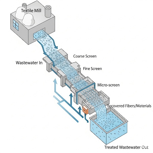 Diagram illustrating fiber and material recovery from textile wastewater in a mill located in Lahore, Punjab, Pakistan, utilizing a series of screens (coarse, fine, and micro) to capture solid waste before further treatment.