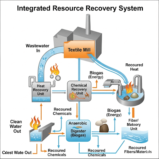Diagram illustrating an integrated resource recovery system in a textile mill located in Lahore, Punjab, Pakistan, showcasing the interconnected processes for recovering heat, chemicals, biogas energy, and fibers/materials from wastewater.
