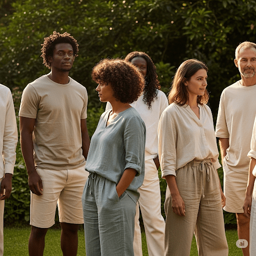 People wearing sustainable clothing made from cotton and linen in a natural setting.