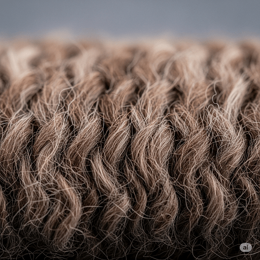 Close-up of wool fibers, showcasing their crimped texture.