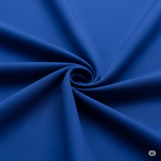Close-up of blue polyester fabric, showing its smooth texture and elegant drape.