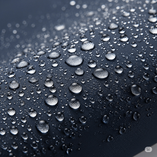 Close-up of water-repellent fabric, showing water beading on the surface.