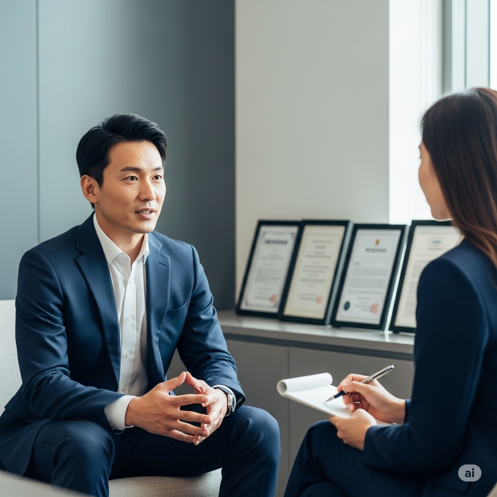 An R&D Manager candidate in a formal dark blue suit sits attentively during a job interview. The interviewer, also professionally dressed in a dark blue suit, is taking notes on a clipboard. The interview is taking place in a well-lit office with a modern gray wall and framed certificates displayed in the background, suggesting a professional and achievement-oriented environment