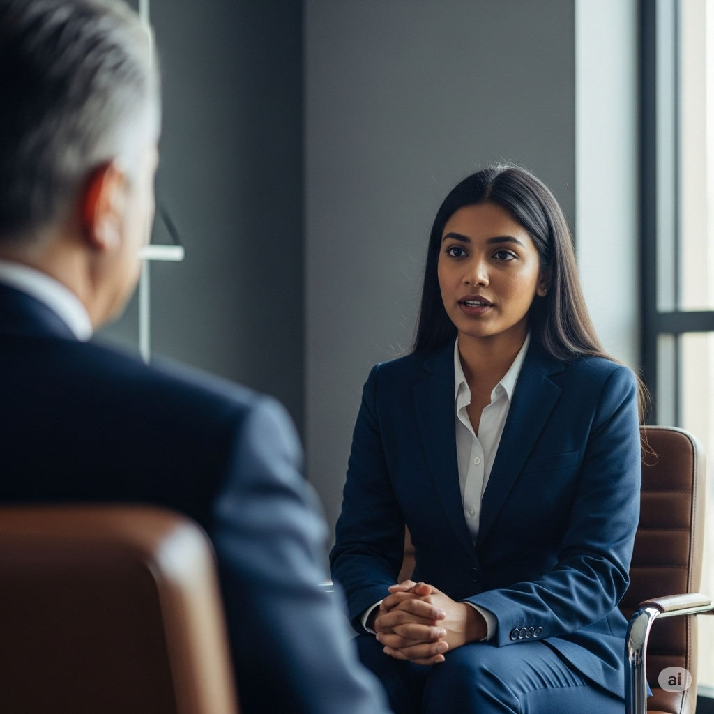 A confident young Sales Executive, an East Asian woman, wearing a sharp dark suit, sits facing an interviewer across a polished table in a modern office. Her expression is attentive and engaged as she discusses sales strategies within the textile industry. The scene is well-lit, with soft shadows creating a professional and focused atmosphere, emphasizing her poise during the high-stakes interview.