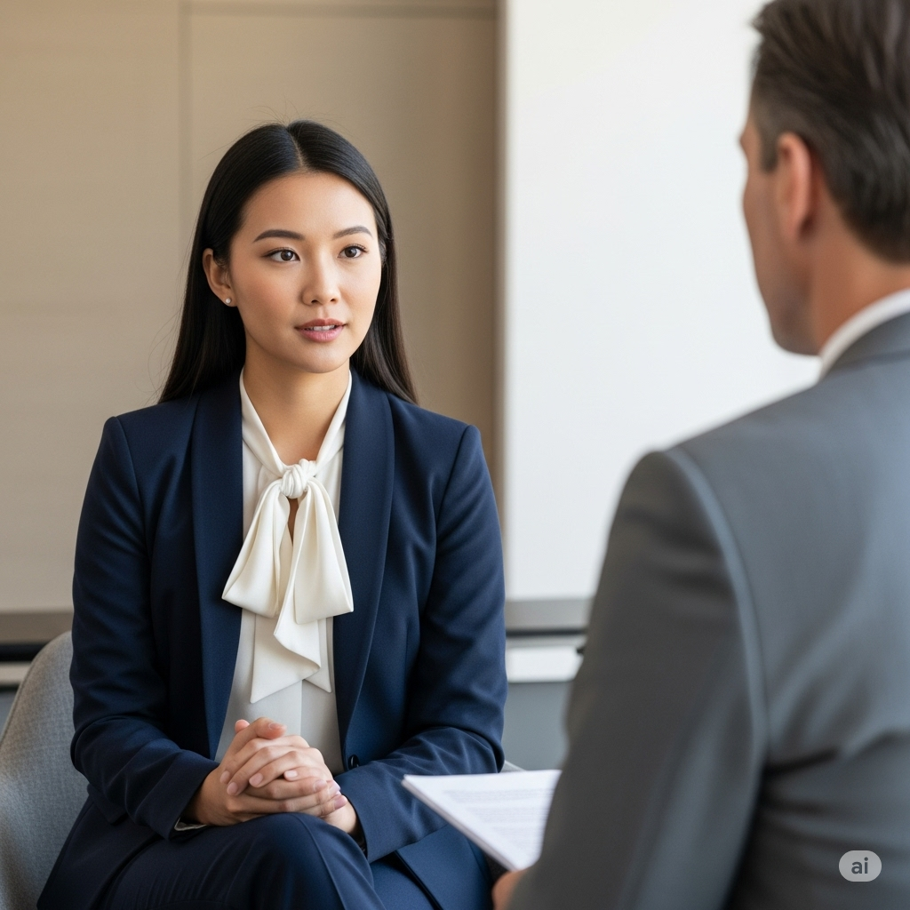 A young Asian woman, dressed in a professional navy blue pantsuit, is engaged in a job interview for a Merchandiser position. She is attentively answering questions about textile merchandising, her expression focused and confident, in a modern office setting with professional lighting.