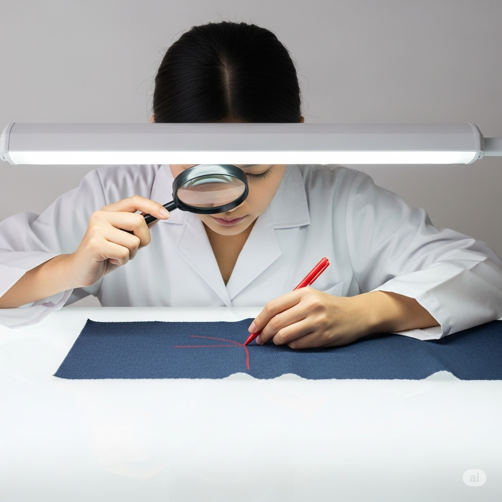 "A close-up shot of a young Asian woman wearing a white lab coat, meticulously inspecting a piece of dark blue fabric laid flat on a bright white inspection table. She holds a magnifying glass in her left hand, positioned closely over the fabric, and uses a red pen in her right hand to mark a defect with a series of short, connected red lines. A long, rectangular white inspection lamp is positioned horizontally above the fabric, providing bright, even illumination. The background is a plain light grey. The focus is sharp on the woman's hands, the magnifying glass, the pen, and the marked defect on the fabric, emphasizing the detailed process of fabric inspection within the 4-Point System."
