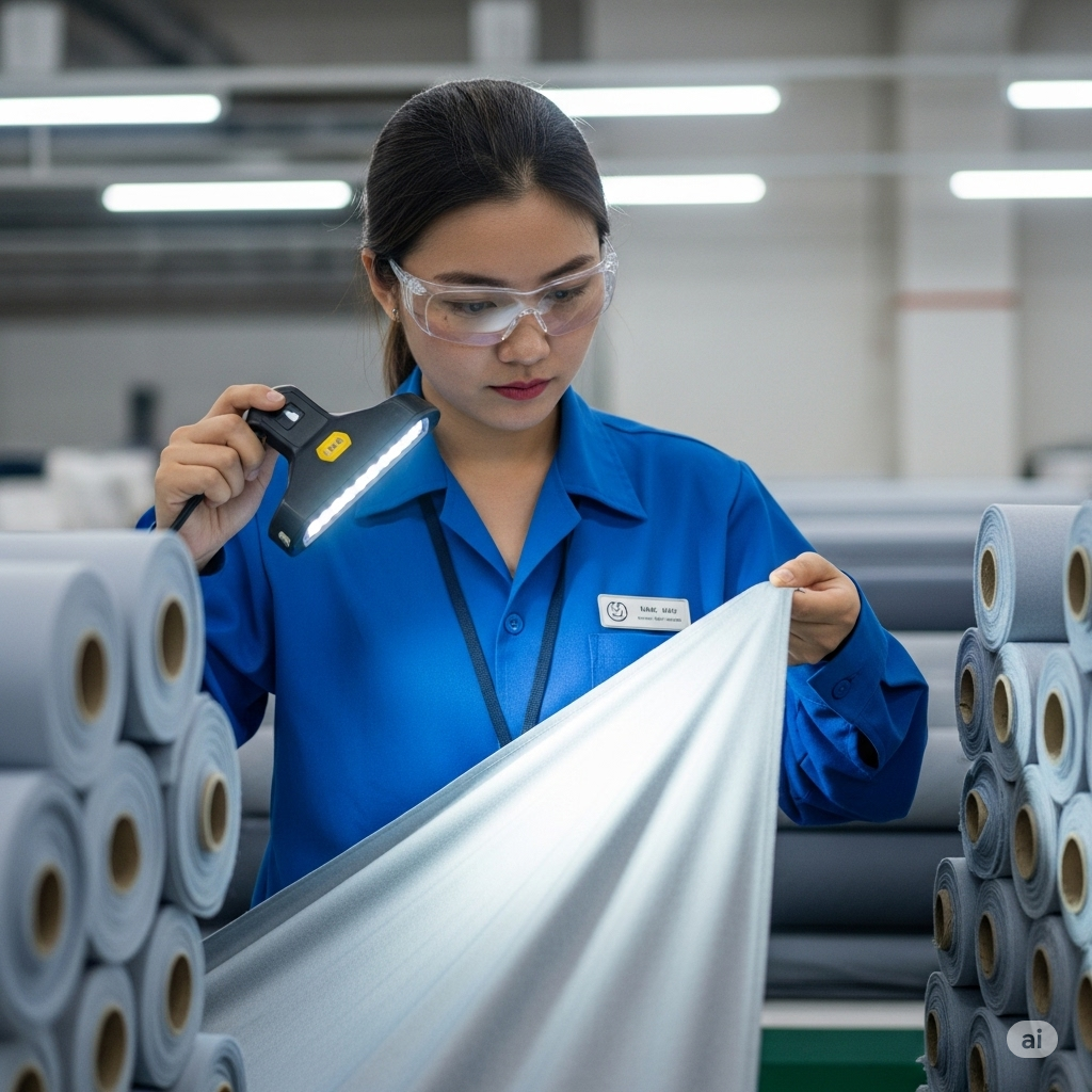 "A medium shot of a young Asian woman, likely a quality control inspector in a textile mill in Lahore, Punjab, Pakistan, meticulously examining a length of light grey fabric. She is wearing clear safety glasses and a bright blue factory uniform shirt with a name tag. She holds a small, portable LED inspection lamp in her left hand, directing the bright light onto the fabric she holds taut with both hands, scrutinizing it for any inconsistencies in shading or color.
The background is a well-lit industrial setting with numerous large rolls of similar light grey fabric neatly stacked on shelves, typical of a fabric manufacturing or inspection area. Fluorescent tube lights illuminate the ceiling of the factory. The focus is sharply on the inspector and the fabric she is examining, highlighting the detailed and careful nature of the quality control process to detect fabric shading issues in a textile mill environment in Lahore."