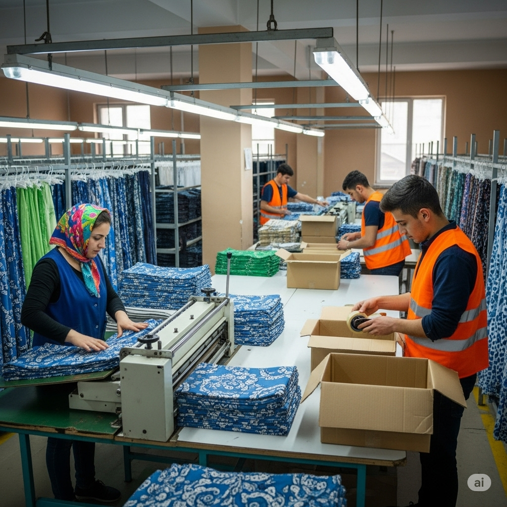 "A vibrant, high-angle wide shot of a well-lit textile factory's folding and packing department in Lahore, Punjab, Pakistan. In the foreground, a female worker wearing a bright orange headscarf and a navy blue uniform meticulously feeds a roll of fabric into an automated folding machine, creating neat, flat folds. Another male worker in an orange safety vest is visible behind her, diligently taping up a cardboard box filled with folded textiles.
The background features rows of tall metal shelving units, densely packed with various rolls of fabric in diverse colors and patterns, including prominent blues and greens, showcasing the wide range of products handled. The factory floor is clean and organized, and the entire area is brightly illuminated by numerous overhead fluorescent lights, reflecting off the smooth surfaces and highlighting the efficiency of the operations. The scene emphasizes teamwork and the systematic approach to preparing finished textiles for dispatch."