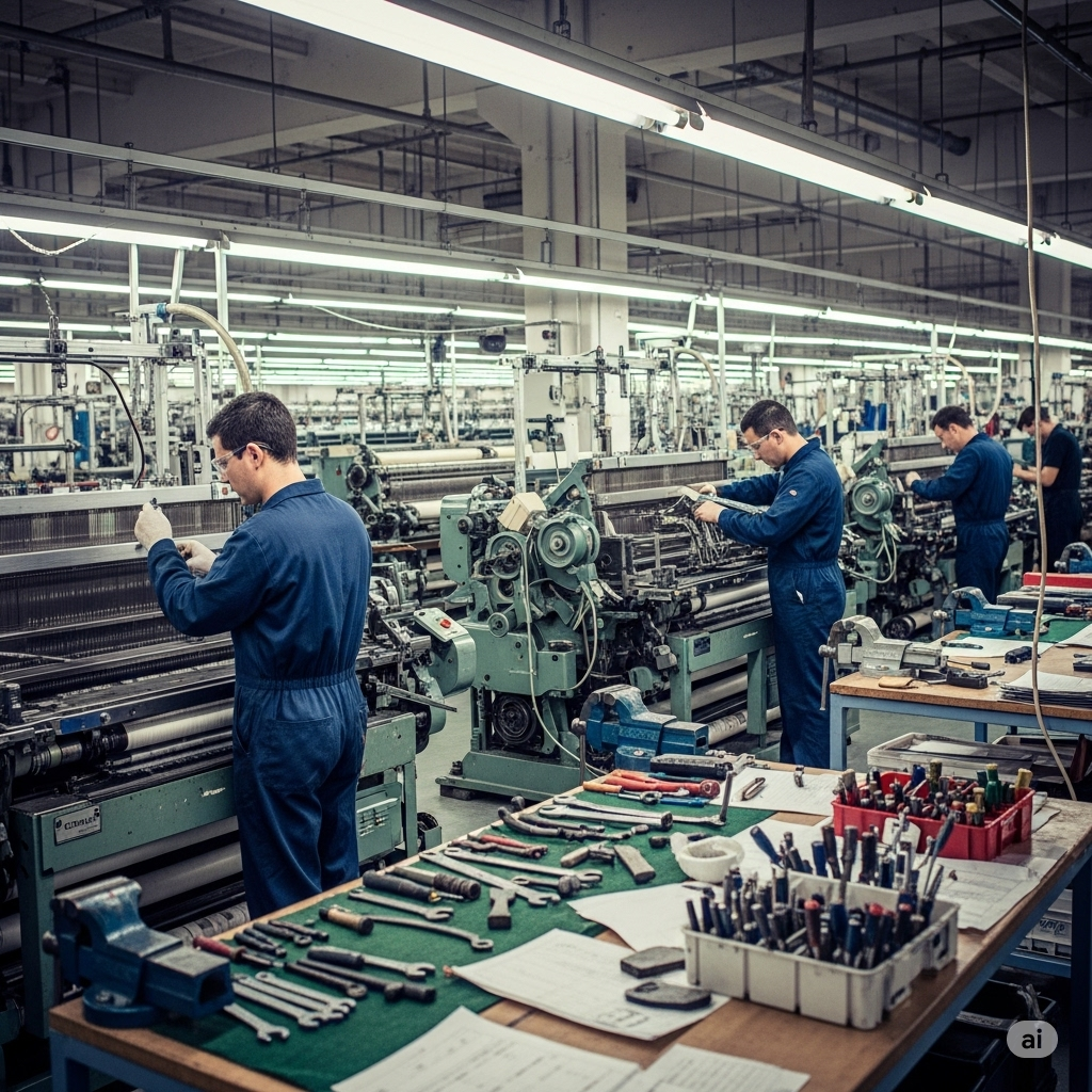 "A slightly low-angle wide shot capturing the bustling interior of a maintenance department within a textile mill in Lahore, Punjab, Pakistan. Three male maintenance technicians, dressed in matching dark blue overalls and protective eyewear, are diligently working on different textile weaving machines in the midground. The machines are large, complex pieces of industrial equipment, primarily in shades of grey and green, with numerous mechanical components visible. The technicians appear focused on their tasks, using various tools and instruments.
In the foreground, a workbench covered with a green mat is laden with an assortment of hand tools – wrenches, pliers, screwdrivers, hammers, and various specialized instruments – neatly organized. There are also papers and parts scattered on the workbench, suggesting ongoing repair or maintenance activities.
The background reveals a vast factory floor filled with rows upon rows of identical weaving machines, stretching into the distance under bright, even fluorescent lighting. Other workers can be seen tending to the machines in the background, emphasizing the scale of the textile operation. Overhead pipes and support structures are visible near the ceiling. The overall atmosphere is one of focused activity and technical expertise, highlighting the critical role of maintenance in keeping the textile mill operational in Lahore."