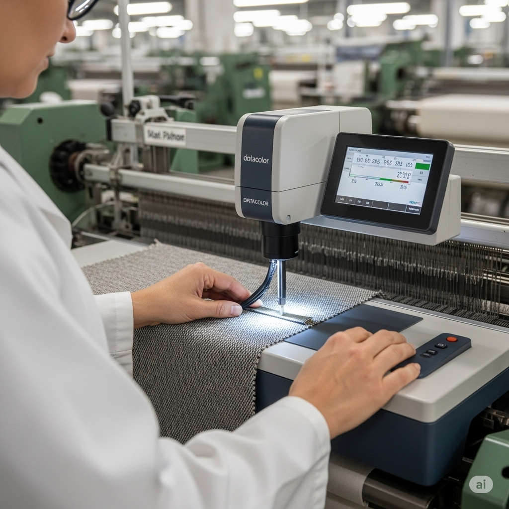 "A close-up shot focused on the hands of a textile quality control technician, likely in a mill in Lahore, Punjab, Pakistan, operating a Datacolor spectrophotometer to measure the color of a woven fabric sample. The technician, wearing a white lab coat and glasses, carefully positions the measuring head of the Datacolor device on the grey fabric laid flat on a piece of equipment that appears to be integrated with a weaving machine. The spectrophotometer, a modern, light grey and black instrument with a touch screen displaying color data and controls, emits a soft light onto the fabric during measurement.
The background is slightly blurred but reveals a typical textile mill setting with various weaving machines and industrial infrastructure. The lighting is bright and industrial. The scene emphasizes the use of advanced technology for precise color measurement and quality control in the textile manufacturing process, ensuring color consistency and adherence to standards within a mill environment in Lahore."
