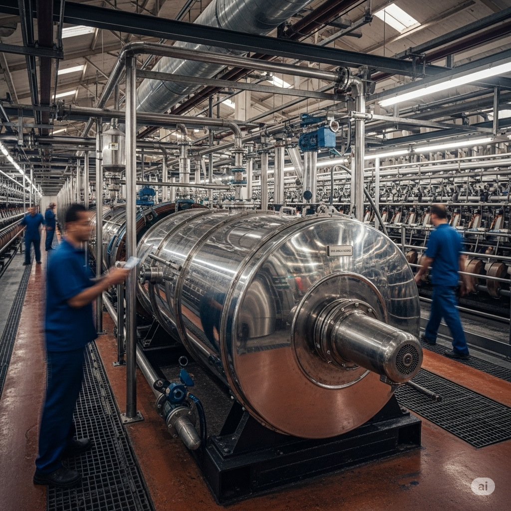 "A bright and clear wide-angle shot of a large, industrial hydro extractor in operation within a bustling textile mill in Lahore, Punjab, Pakistan. The machine, made of gleaming stainless steel, occupies the center of the frame, with its large, perforated drum clearly visible. Water is actively being extracted from denim garments inside the drum, creating a misty haze around the machine. A network of heavy-duty pipes and control panels surrounds the extractor, indicating its powerful and automated function. In the slightly blurred background, other industrial laundry machinery and a worker in motion hint at the continuous flow of a busy production line. The lighting is strong and industrial, emphasizing the machine's robust construction and critical role in dewatering denim."