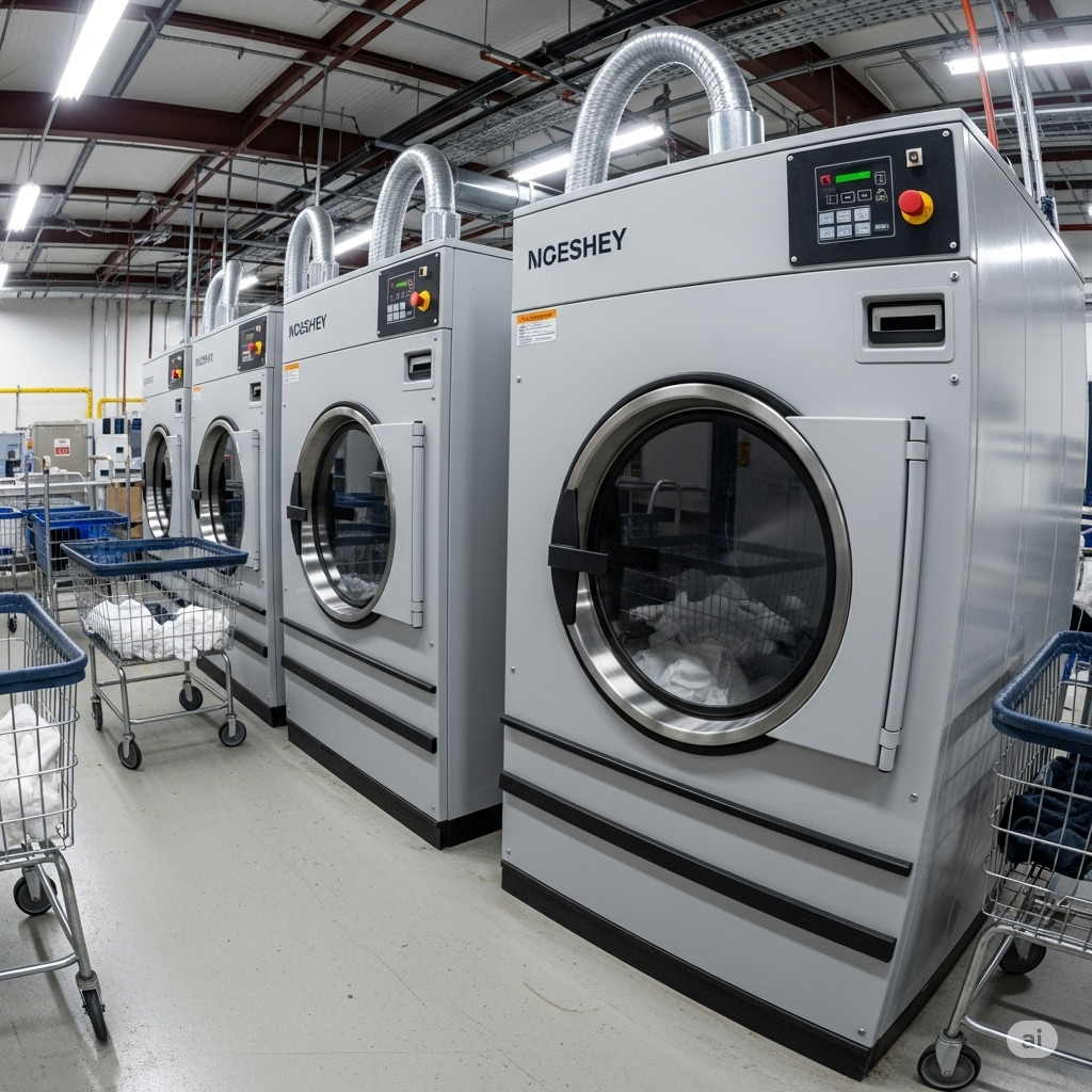 "A brightly lit, spacious industrial laundry facility in Lahore, Pakistan, featuring a row of large, stainless steel industrial tumble dryers. The dryers have prominent front-loading doors and are connected to a network of ducts and control panels. Steam pipes and gas lines indicate the energy source for heating. White linens or denim garments are visible inside some of the dryers. The scene emphasizes the scale and automation of modern industrial laundry, highlighting the efficient processing of large volumes of textiles."