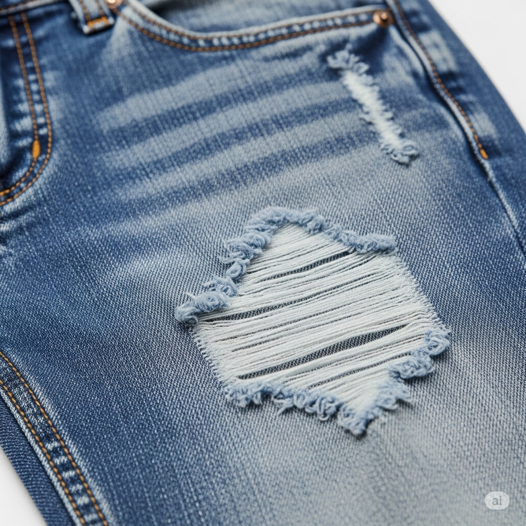 "A detailed close-up shot of a pair of denim jeans showcasing intricate whiskering and grinding effects. The whiskering appears as faded, horizontal crease lines across the upper thigh area, highlighting the natural wear patterns. Below the whiskers, the denim shows areas of grinding, visible as subtle abrasion, slight fraying, and a lighter shade of blue, indicating controlled material removal. The texture of the denim is clearly visible, with some areas appearing softer and more worn than others. The lighting highlights the contrast between the original indigo and the distressed areas, emphasizing the artistry of the dry processing techniques."