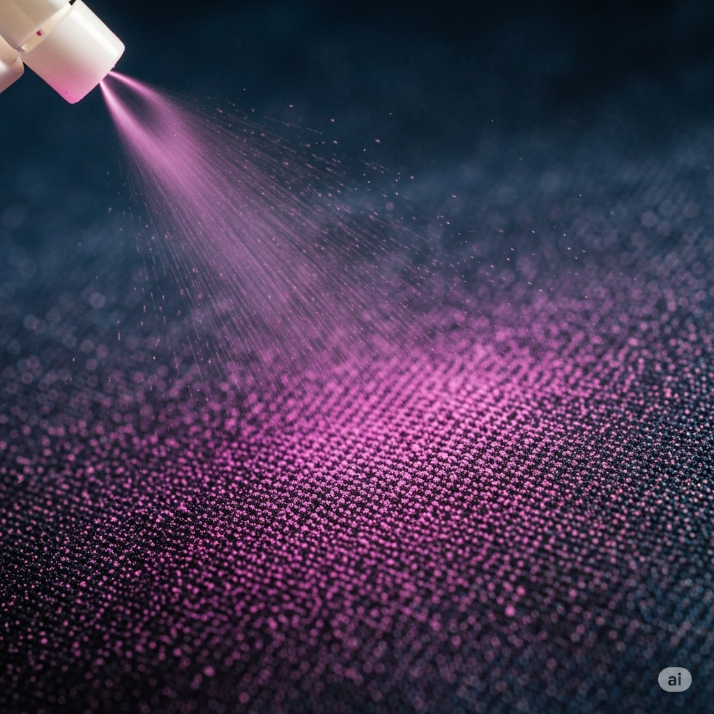 "Inside a well-ventilated spray booth in a denim laundry in Lahore, a worker wearing a respirator, safety goggles, and protective gloves is carefully applying a fine mist of a chemical solution, likely potassium permanganate (PP), onto a pair of dark blue denim jeans stretched over an inflatable mannequin. The purple-tinted spray is directed towards the thigh area of the jeans. Exhaust fans and ductwork are visible in the background, emphasizing the importance of proper ventilation when working with potentially hazardous chemicals. The focused spray aims to create a localized, bleached effect on the denim."