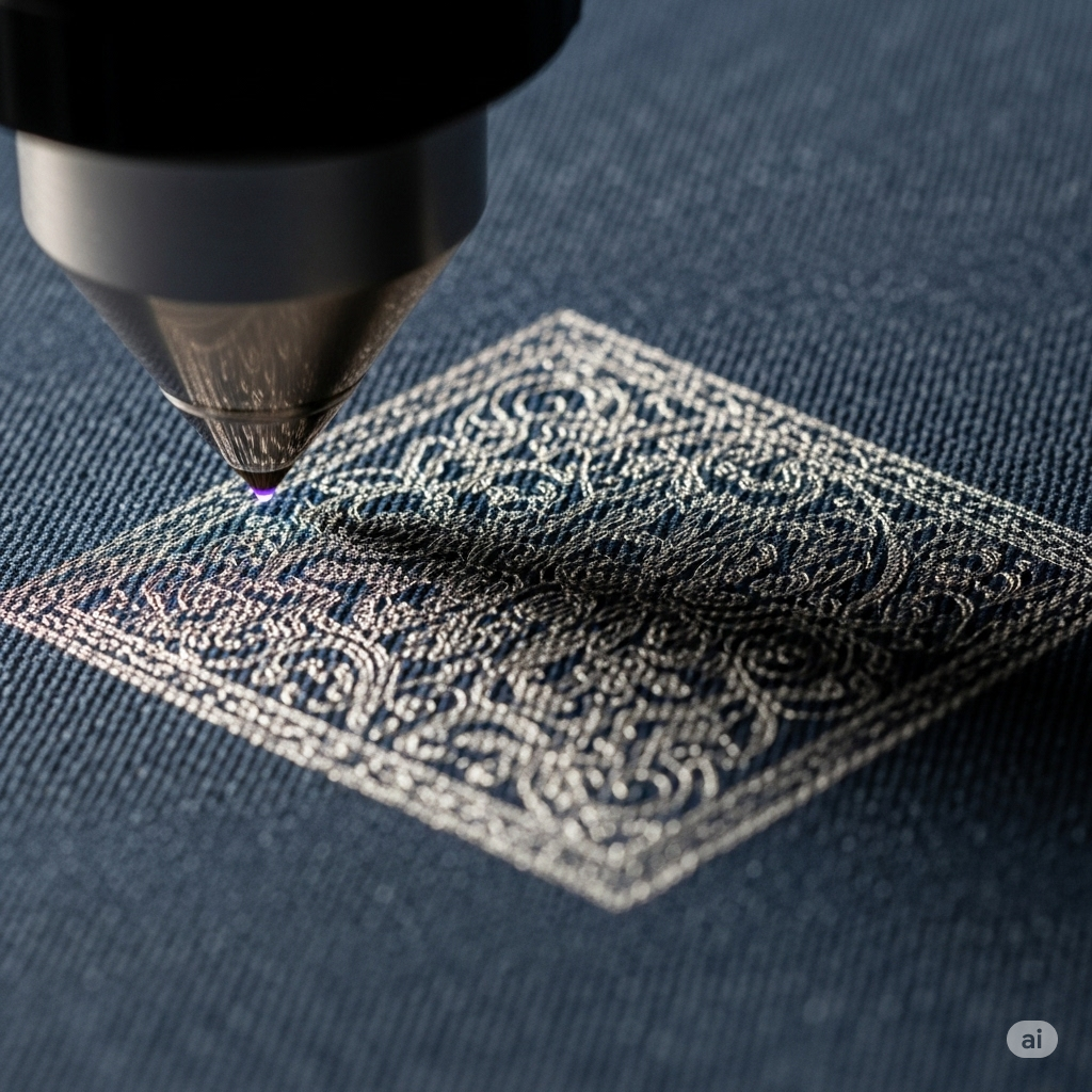 "In a brightly lit and modern denim finishing facility in Lahore, a close-up shot captures a laser engraving machine in action. A focused beam of light emanates from the laser head, precisely etching an intricate pattern onto a dark blue denim garment laid flat on a conveyor belt. Faint wisps of vaporized indigo dye are visible at the point of contact. The machine appears clean and sophisticated, highlighting the advanced technology being used. In the blurred background, other automated machinery hints at a streamlined and efficient production process, signifying the move towards more sustainable and precise denim finishing techniques in the region."