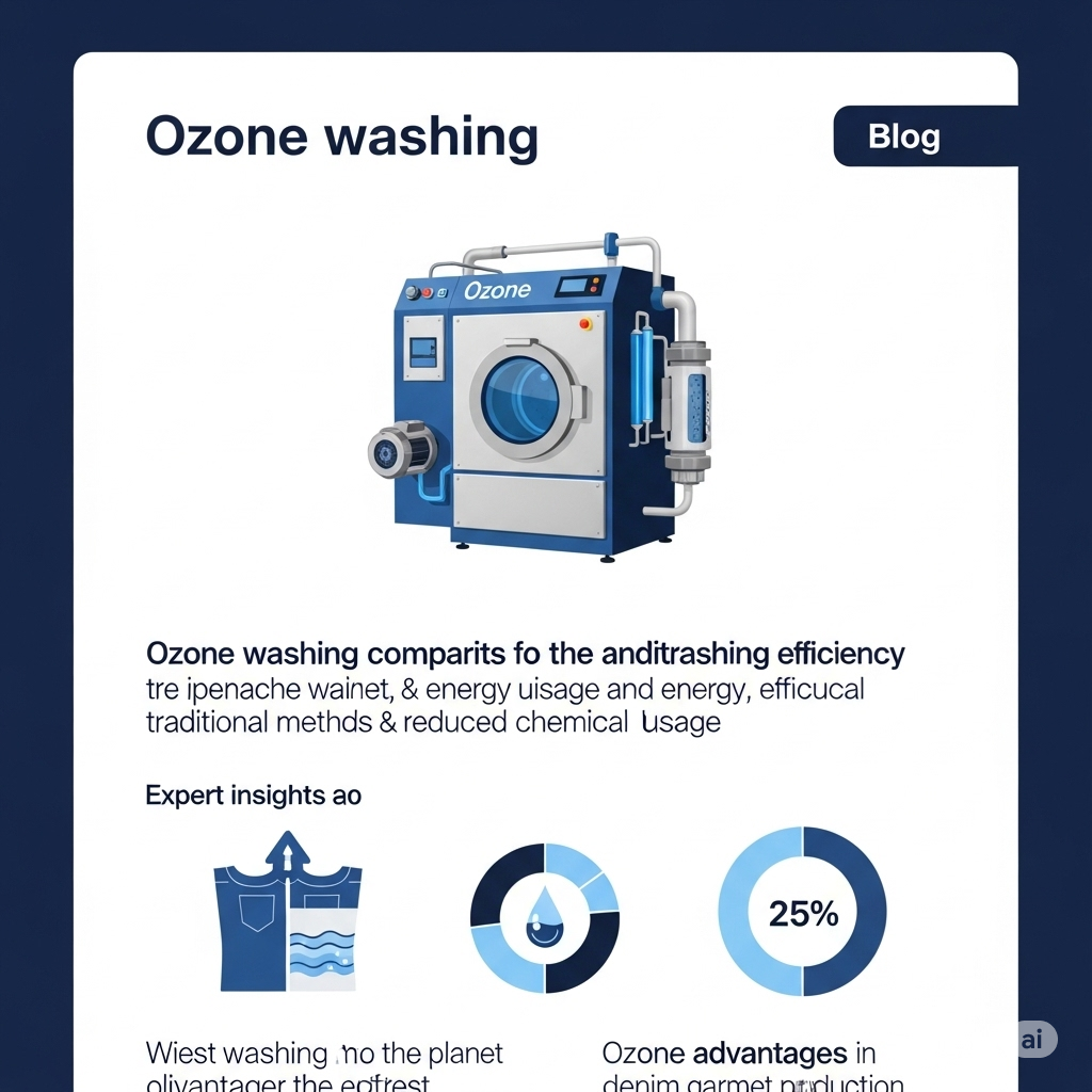 "A stylized, informative graphic designed for a blog post about 'Ozone Washing' in the denim industry, relevant to a readership in Lahore, Pakistan. The main element is a digital illustration of a modern, industrial-looking ozone washing machine, depicted in shades of blue and white. Text above the machine reads 'Ozone washing' in a bold font, with the word 'Blog' positioned in a dark blue rectangle in the upper right corner. Below the illustration, a tagline emphasizes the advantages: 'Ozone washing: compared to the anditrashing efficiency [likely intended to be traditional] washing, no planet olivantager the ecftrest [likely intended to be eco-friendliest] & energy uisage and energy, effucical traditional methds & reduced chemical usage.' Further below, under 'Expert insights ao [likely intended to be 'also' or a similar connector]', are infographic elements. On the left, a graphic contrasts a traditionally washed denim shirt with one undergoing ozone washing, highlighting reduced water usage. In the center, a circular chart with a water droplet icon indicates water and energy savings. On the right, another circular chart displays '25%' along with text suggesting ozone advantages in denim garment production. The overall design is clean, modern, and aims to quickly communicate the benefits of ozone washing in a visually appealing way for a blog targeted at the denim sector in Lahore, emphasizing sustainability and efficiency."










Deep Research

Canvas

