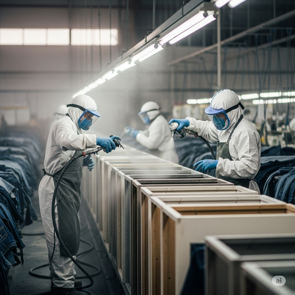 "Inside a brightly lit section of a denim finishing factory in Lahore, Pakistan, three workers fully clad in white protective suits, including hooded coveralls, respirators with clear face shields, and blue gloves, are engaged in a spraying process. They stand on either side of long, low rectangular containers, appearing to apply a mist from handheld spray guns onto what might be denim garments or components laid out inside. A noticeable haze of the sprayed substance hangs in the air under the fluorescent lighting, indicating an active application. Exhaust ventilation ducts are likely present but not prominently visible, suggesting efforts to manage fumes and overspray. Rows of neatly stacked folded denim garments are visible in the blurred background, indicating the scale of production and the integration of this spraying process within the overall finishing workflow in the Lahore-based facility."