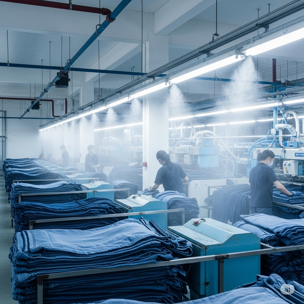 "Within a spacious and brightly lit denim finishing factory in Lahore, Pakistan, a fine mist hangs in the air, dispersed by overhead misting nozzles along the ceiling. Rows of neatly stacked piles of light blue denim garments are visible on both sides of the walkway. Several workers, wearing face masks, are seen tending to machinery in the background, seemingly involved in a dry processing stage. The controlled misting environment aims to regulate the moisture content of the denim, likely to optimize the fabric for processes such as laser engraving or manual abrasion, reduce static electricity, and improve the overall workability of the material in the dry atmosphere of the factory. The scene conveys a focus on maintaining optimal conditions for quality denim finishing."