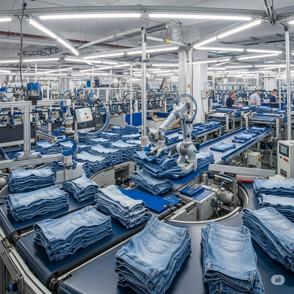 "Within a sprawling, brightly illuminated denim manufacturing facility in Lahore, Pakistan, an intricate network of automated conveyor belts snakes across the factory floor. Stacks of neatly folded denim jeans, in various shades of blue, move systematically along the belts and rollers. Robotic arms are strategically positioned to lift, sort, and transfer these stacks between different conveyor lines and processing areas. Overhead, a complex system of tracks and hangers suggests a garment-on-hanger transport system might also be in use. A few human workers, wearing casual attire, are visible in the background, seemingly monitoring the automated processes. The scene highlights the significant investment in automation within the Lahore denim industry to enhance efficiency, reduce manual labor, and streamline the large-scale production of denim garments destined for both local and international markets."