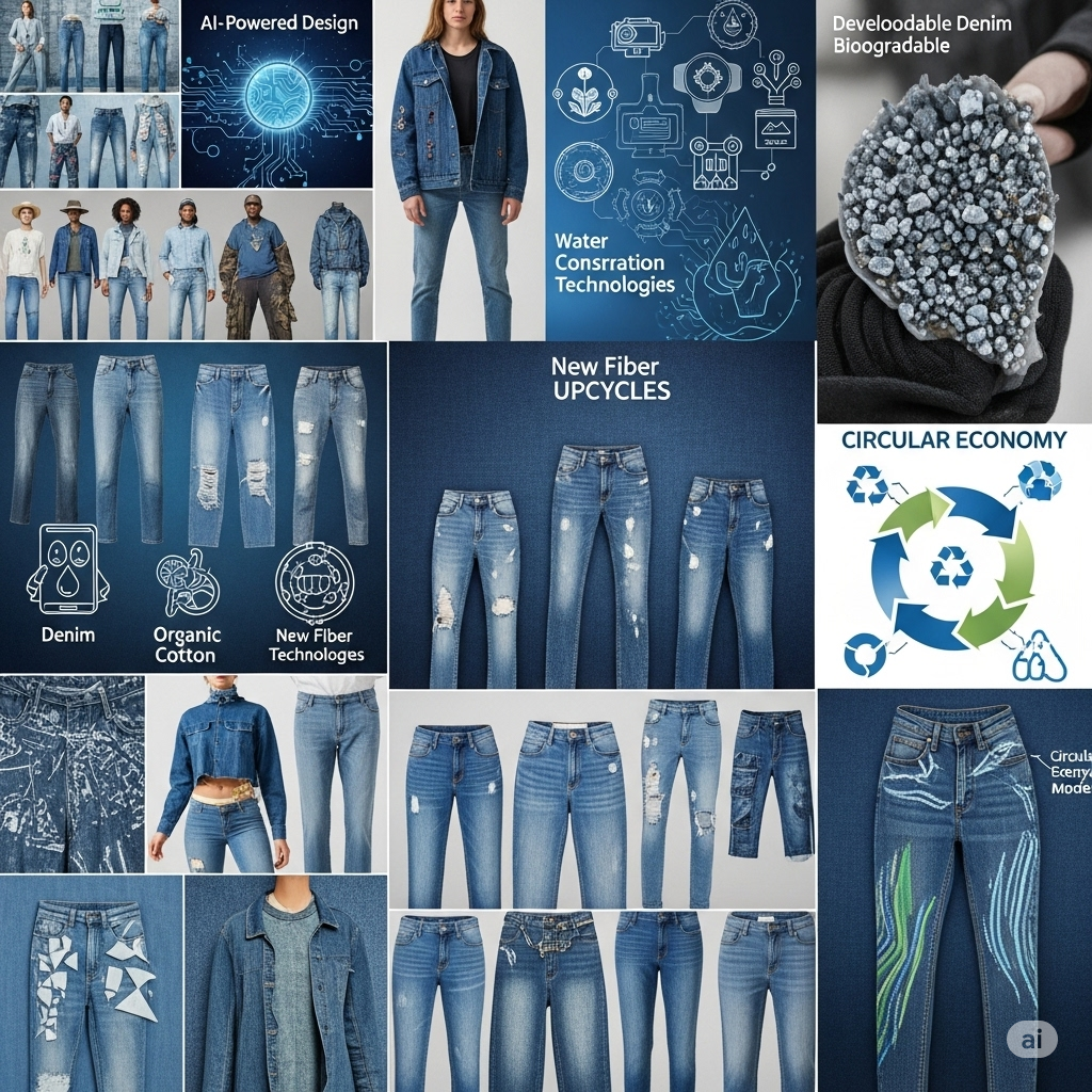 "A dynamic collage-style image for a blog post on 'Future Trends & Sustainability in Denim,' particularly relevant for the industry in Lahore, Pakistan. The composition features diverse elements representing eco-conscious denim production. On the left, images of organic cotton plants and recycled denim fibers emphasize sustainable raw materials. In the center, modern denim garments are showcased, featuring laser-engraved patterns and subtle, eco-washed fades, hinting at chemical-free finishing. A prominent graphic of a water droplet transforming into a leaf symbolizes water conservation, while a stylized robot arm indicates automation in manufacturing. On the right, icons representing AI (artificial intelligence), 3D design, and a circular arrow made of denim scraps signify digital innovation and the circular economy. The overall aesthetic is clean and forward-looking, with a color palette that blends natural greens and blues with modern industrial tones, visually communicating the industry's shift towards a more responsible and technologically advanced future in denim manufacturing."