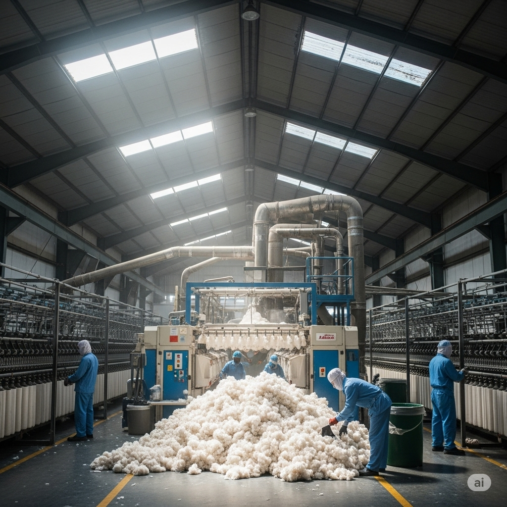 "Inside a brightly lit textile mill in Lahore, Pakistan, the expansive space of the blow room is filled with the initial stages of cotton processing. A large, modern blow room machine, predominantly white and blue, stands prominently in the center, actively processing a substantial mound of raw, fluffy white cotton fibers that spills onto the concrete floor. Several textile workers, dressed in matching light blue overalls and white head coverings, are engaged in various tasks around the machine and the accumulating cotton. Overhead, a complex network of large metal ducts suggests the air-based transport and dust extraction systems characteristic of blow rooms. Rows of other spinning machinery, filled with bobbins of processed fibers, extend into the background, indicating the subsequent stages of yarn manufacturing within the Lahore-based mill."