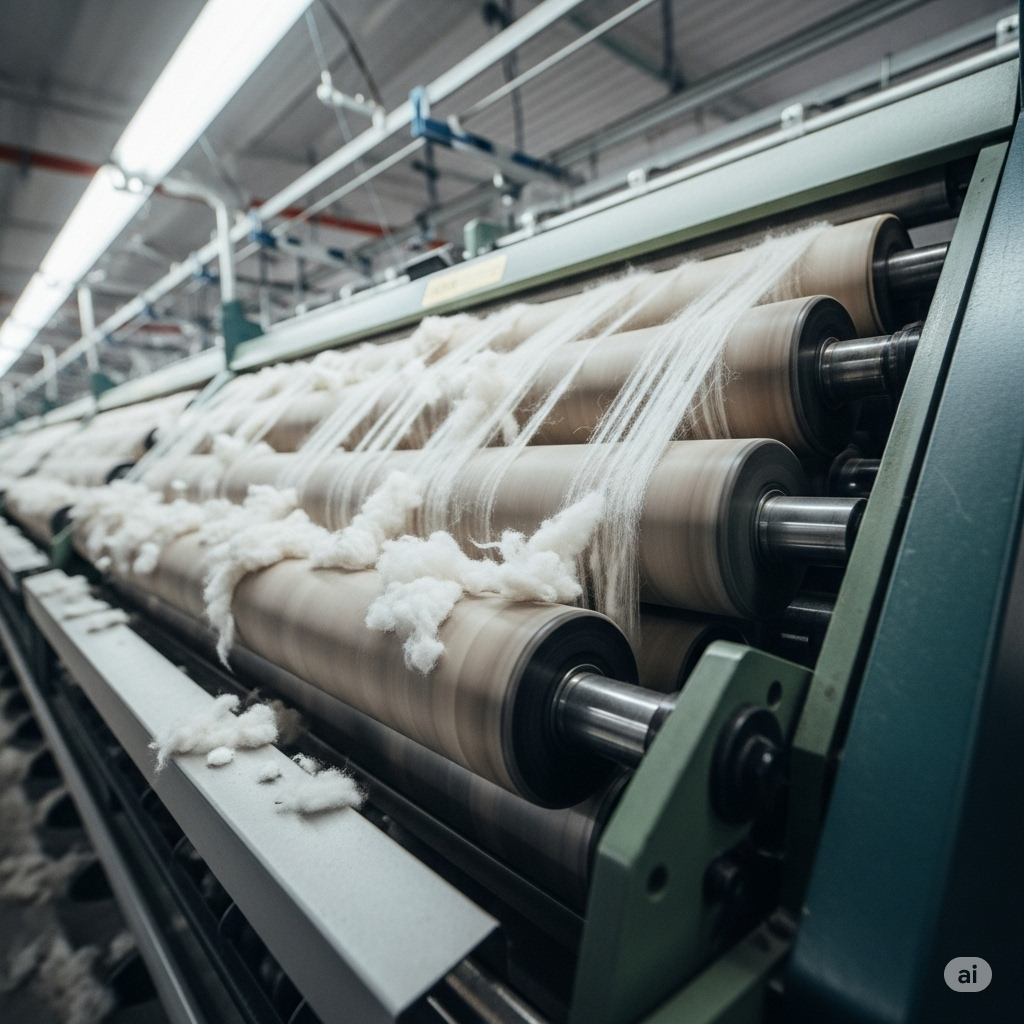 "A close-up, ground-level shot of a modern carding machine in operation within a bustling textile factory in Lahore, Pakistan. The large, grey-and-white industrial machine dominates the foreground, with its intricate network of rollers and cylinders visible. A thin, fluffy white web of cotton fibers is clearly seen emerging from between two large rollers, being drawn upwards and consolidated, showcasing the individualization and parallelization of fibers unique to the carding process. The subtle texture of the raw cotton and the metallic sheen of the machinery are highlighted under the factory's bright, even lighting. In the slightly blurred background, other parts of the spinning line and factory workers in their uniforms can be discerned, conveying the scale and efficiency of the production environment."