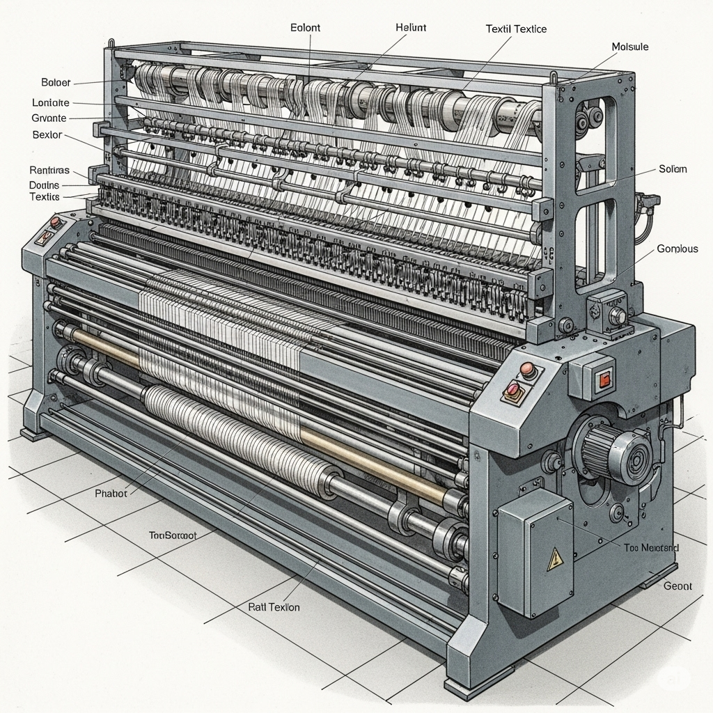 "Within a brightly lit spinning mill in Lahore, Pakistan, a long, streamlined draw frame machine hums with activity. Multiple slivers of soft, white cotton, originating from cans placed at the back of the machine, are fed in parallel through a series of rollers. The tension and draft applied by these rollers are visibly stretching and thinning the cotton strands as they move towards the front. The smooth, consistent movement of the fibers highlights the machine's role in improving their parallel alignment and ensuring sliver uniformity. At the delivery end, a single, even sliver emerges and is neatly coiled into a new can. The clean, industrial design of the machine, with its numerous rollers and guiding mechanisms, underscores its crucial function in preparing high-quality slivers for the subsequent yarn spinning stages within the Lahore-based textile mill."