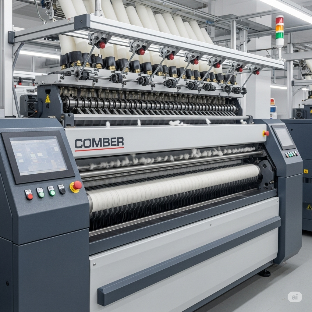 "In a brightly lit and spacious textile mill in Lahore, Pakistan, a long row of comber machines hums with activity. The machines, predominantly light grey and blue, are intricately designed with numerous rollers, nippers, and rotating cylinders, all working in unison. Multiple laps of pre-processed cotton are fed into the machines, and the combing action is subtly visible as the machines extract short fibers and impurities. The combed sliver is then neatly coiled into cans at the delivery end. Textile workers in light blue uniforms are seen monitoring the machines, emphasizing the scale and precision involved in producing high-quality combed yarn for both local and export markets in Lahore."