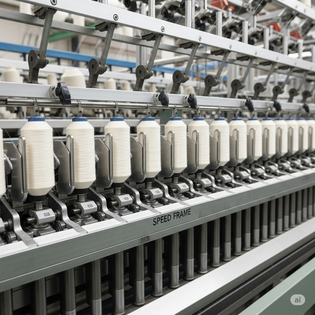 "Inside a bustling textile mill in Lahore, Pakistan, a long, sophisticated speed frame machine is actively at work. Rows of white, slightly fluffy roving bobbins are seen being wound with attenuated fibers. The complex mechanism of the machine, with its drafting rollers, flyers (though mostly obscured by the bobbins), and intricate winding system, is evident in the detailed metallic components. Multiple slivers, the input for this stage, can be seen feeding into the machine from above. The machine's label clearly indicates 'SPEED FRAME'. The scene conveys the crucial intermediate step in yarn manufacturing, where the sliver is further thinned and given a preliminary twist before the final spinning on the ring frame, a vital process for the textile industry in Lahore."