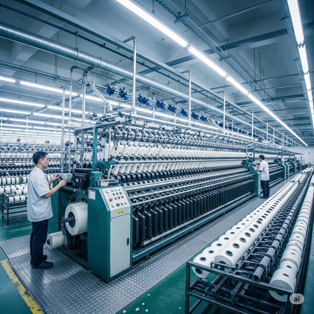 "Inside a vast and well-lit textile mill in Lahore, Pakistan, rows upon rows of modern winding machines are actively processing yarn. The machines, characterized by their numerous individual winding heads, are busily unwinding small bobbins of yarn and rewinding them onto larger cones. Each winding head features sophisticated sensors and mechanisms for clearing yarn faults and creating uniformly wound packages. Textile workers in light-colored uniforms are seen monitoring the machines and handling the completed cones. The sheer scale of the winding section underscores its critical role in preparing the single yarns spun in the mill for subsequent processes like weaving or knitting, a vital step in Lahore's thriving textile industry."
"Inside a vast and well-lit textile mill in Lahore, Pakistan, rows upon rows of modern winding machines are actively processing yarn. The machines, characterized by their numerous individual winding heads, are busily unwinding small bobbins of yarn and rewinding them onto larger cones. Each winding head features sophisticated sensors and mechanisms for clearing yarn faults and creating uniformly wound packages. Textile workers in light-colored uniforms are seen monitoring the machines and handling the completed cones. The sheer scale of the winding section underscores its critical role in preparing the single yarns spun in the mill for subsequent processes like weaving or knitting, a vital step in Lahore's thriving textile industry."
