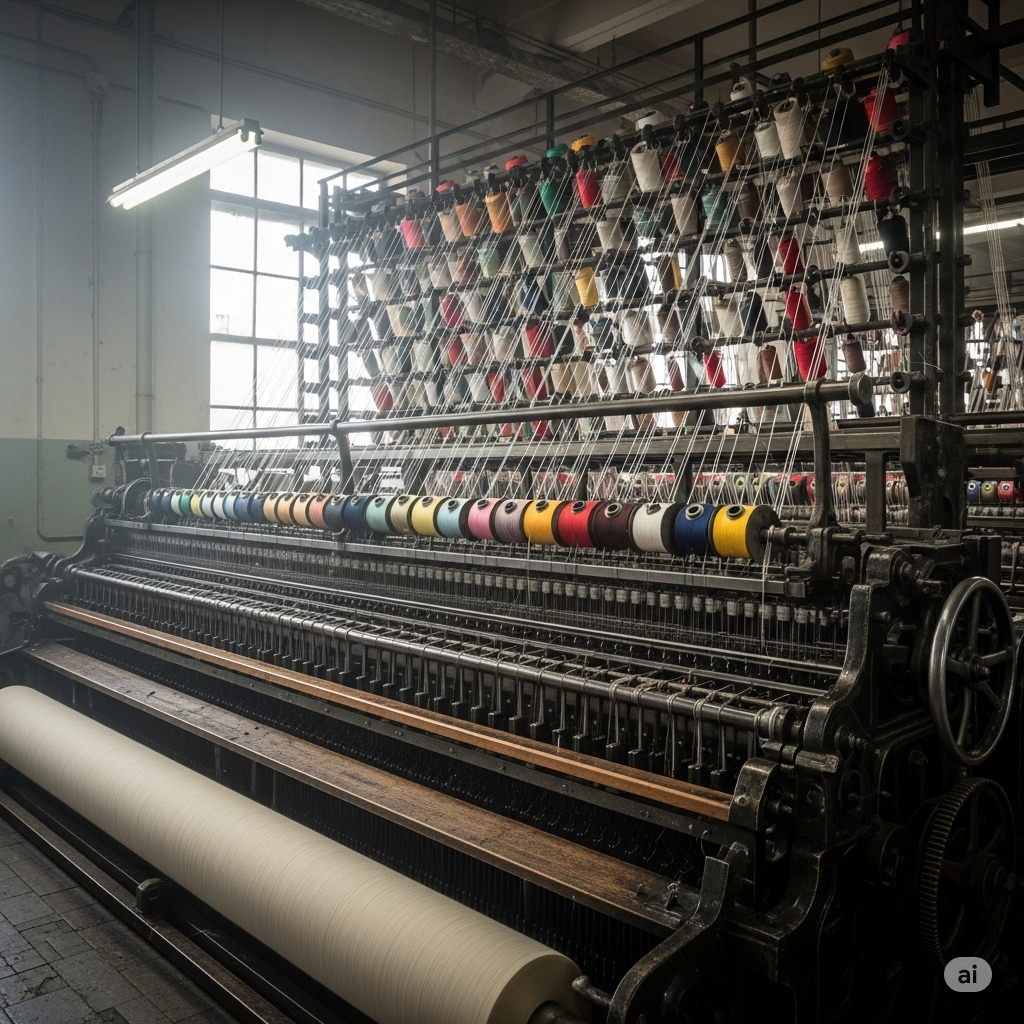 "Inside a brightly lit textile mill in Lahore, Pakistan, a large and intricate warping machine is actively preparing warp yarns. Hundreds of colorful yarn cones are neatly arranged on a towering V-creel in the background. Each yarn thread extends forward, passing through individual tensioning devices and stop motions. The yarns then converge to form a wide, parallel sheet that is being wound onto a large cylindrical warp beam at the front of the machine. The precise engineering and numerous yarn ends highlight the crucial role of this machinery in creating the foundational warp for weaving high-quality fabrics in the mills of Lahore."