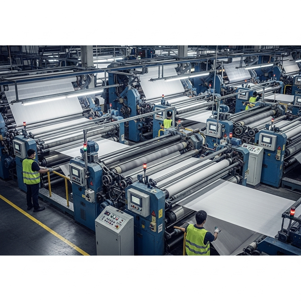 "Within a vast and brightly illuminated textile mill in Lahore, Pakistan, multiple sizing machines are actively processing wide sheets of warp yarns. The machines, long and complex, showcase the continuous flow of white yarn passing through various sections: immersion in the size liquor (not directly visible), moving over numerous heated drying cylinders, and finally being wound onto large weaver's beams. Textile workers in safety vests are seen monitoring the process, ensuring the warp yarns are uniformly coated and dried, ready to withstand the rigors of high-speed weaving and contribute to the renowned textile output of Lahore."