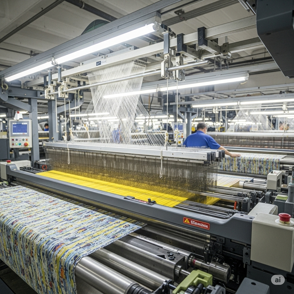 "In a bustling weaving mill in Lahore, Pakistan, a state-of-the-art airjet loom is in full operation. Numerous white warp yarns stretch tautly from the back of the machine, forming a shed as they pass through heald frames and a reed. A vibrant yellow weft yarn is being rapidly inserted across the width of the shed. Newly woven fabric, with a pattern of blue and yellow, is being taken up on a roller at the front. A textile worker in a blue shirt is seen monitoring the intricate process, highlighting the advanced technology used in Lahore's mills to produce high-quality woven fabrics."