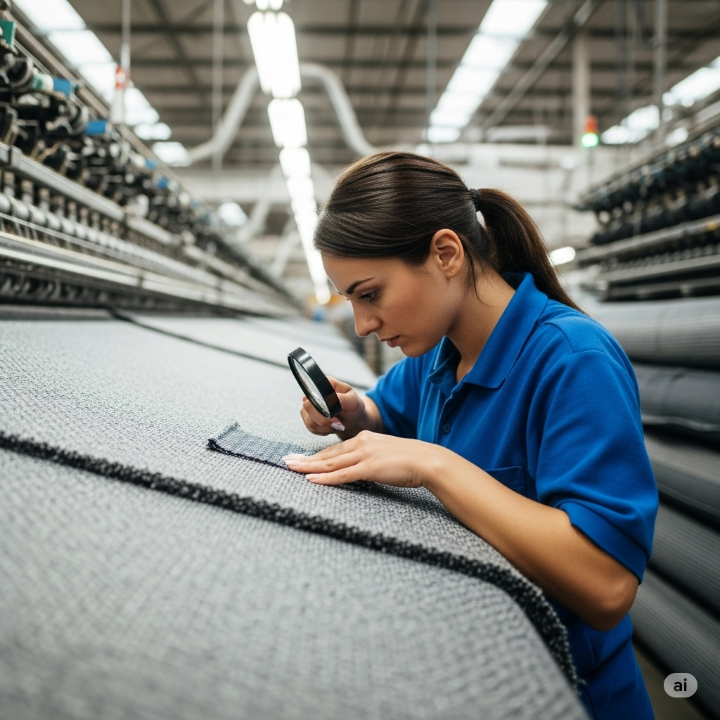 Okay, here's the alt text for the image of fabric inspection:
"In a brightly lit textile mill, a worker carefully examines a wide sheet of woven fabric as it passes over an illuminated inspection table. The fabric, still in its 'grey' or undyed state, is being checked for any defects. The worker is marking any imperfections, ensuring the fabric meets quality standards before being packed for further processing or shipment."