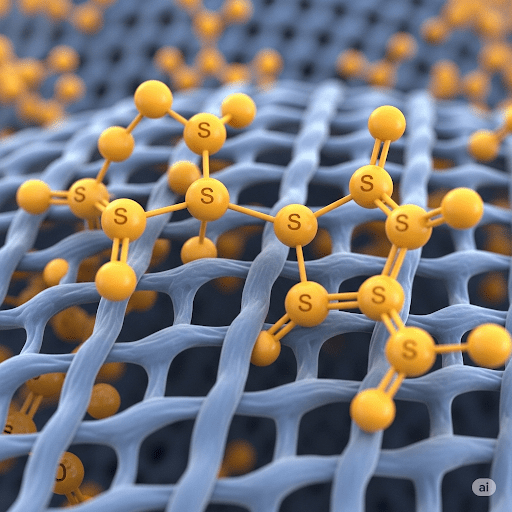 Microscopic view of sulfur dye molecules attached to textile fibers.