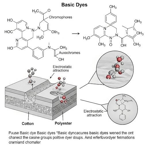 Microscopic view of basic dye molecules bound to anionic sites on a fiber.