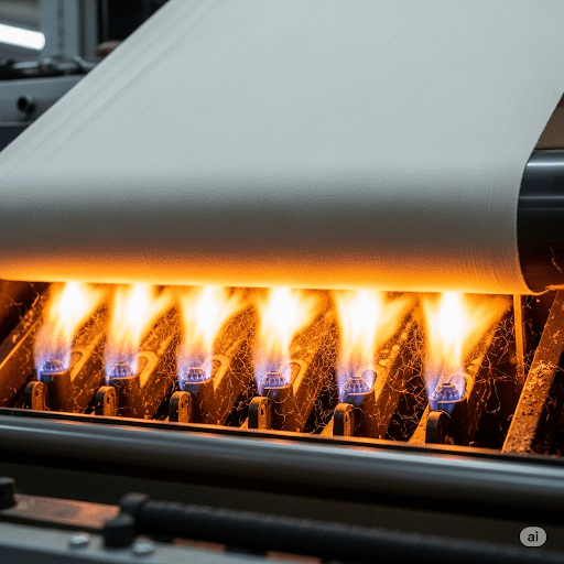 Fabric passing over gas burners in a singeing machine.