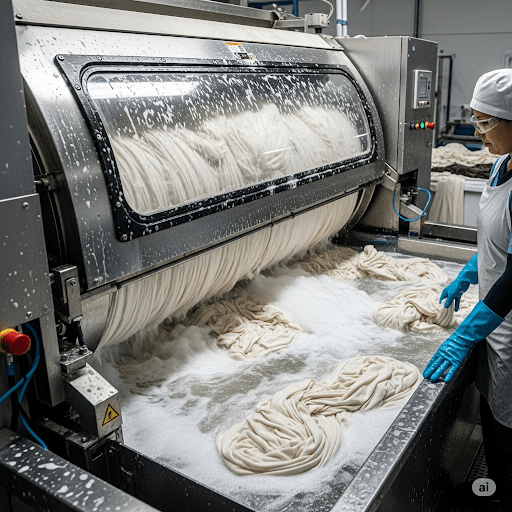 Fabric being washed in an industrial washing machine during desizing.
