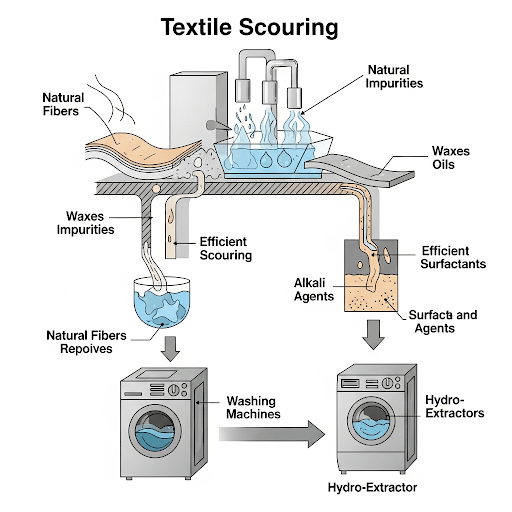 Fabric being cleaned in an industrial scouring machine.