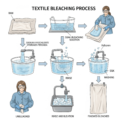 Diagram showing fabric moving through chemical baths for whitening.