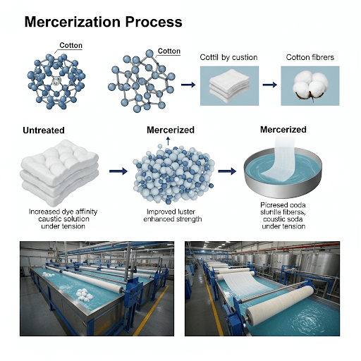 Diagram showing the transformation of cotton fibers during mercerization for enhanced luster and strength and pickabiltiy