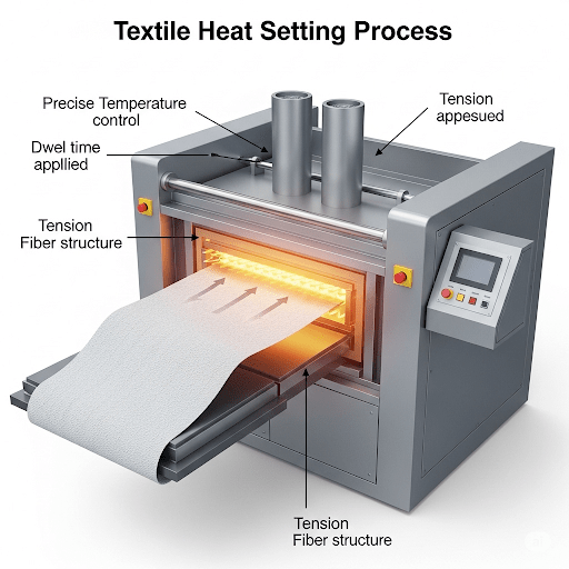 Diagram of the heat-setting process: Shows temperature control, dwell time, and tension applied to the textile.